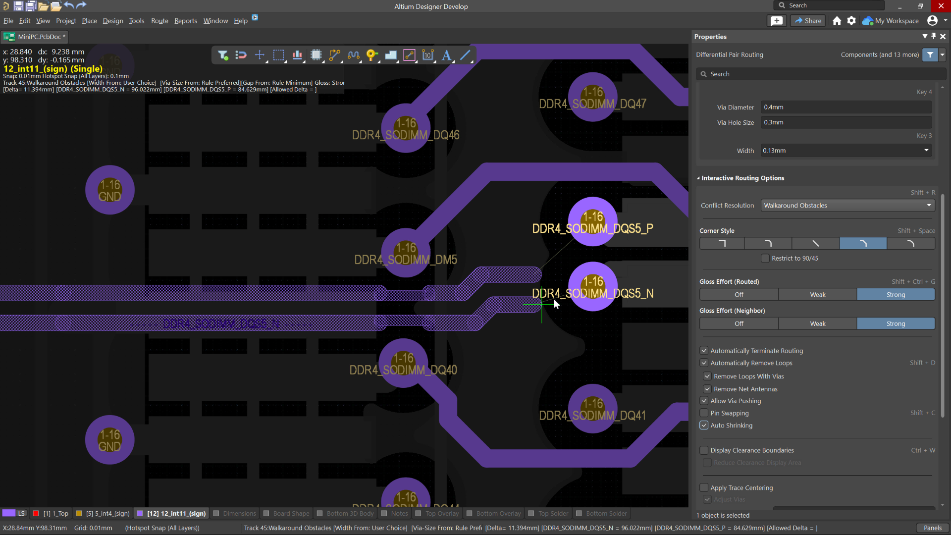 Auto Shrinking for Interactive Diff Pair Routing